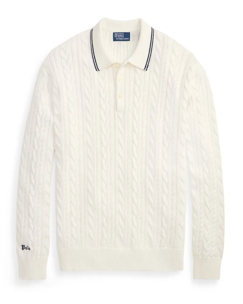 Ralph Lauren Langarm-Strickpoloshirt in Zopfmuster, Relaxed Fit in Offwhite