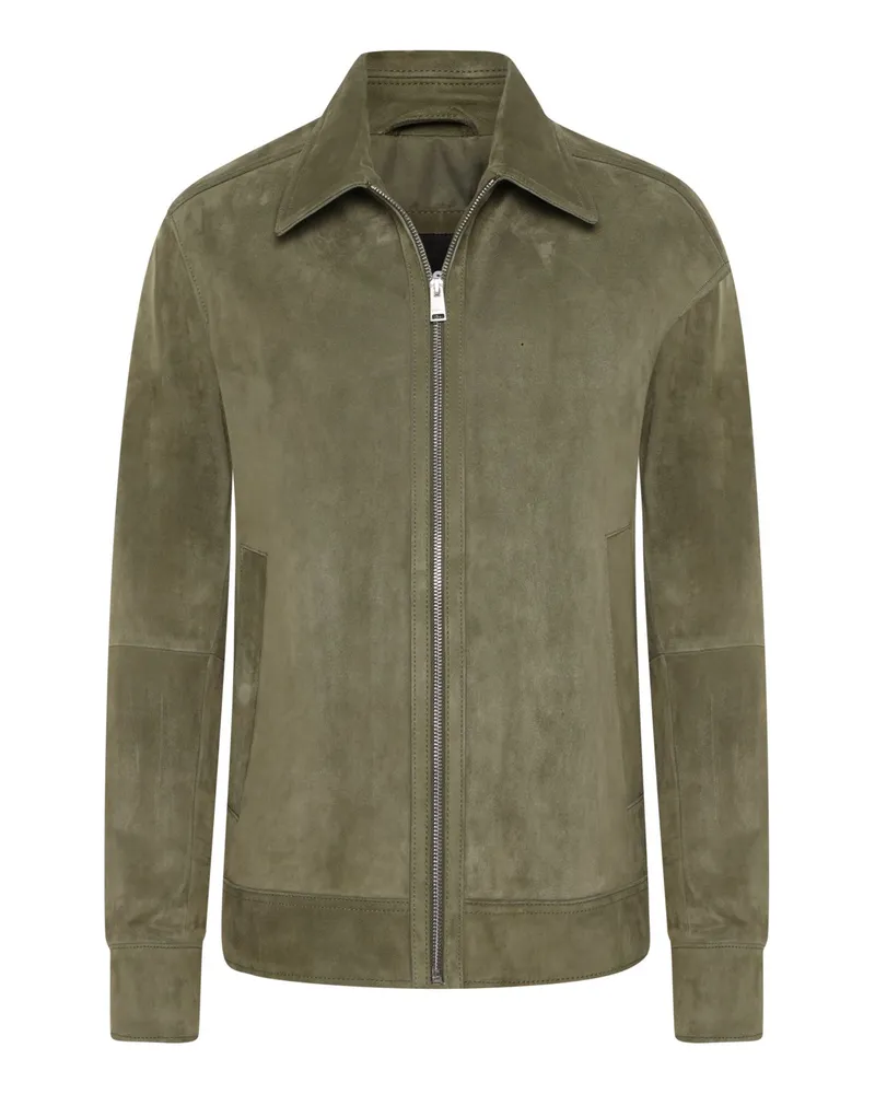 HUGO BOSS Lederblouson aus weichem Ziegenveloursleder mit Umlegekragen in Grün