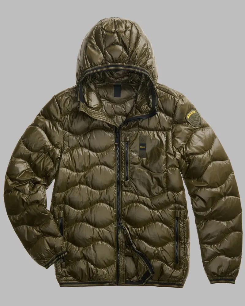 Blauer Leichtdaunen Steppjacke Wave mit Kapuze und Kontrastbündchen in Oliv