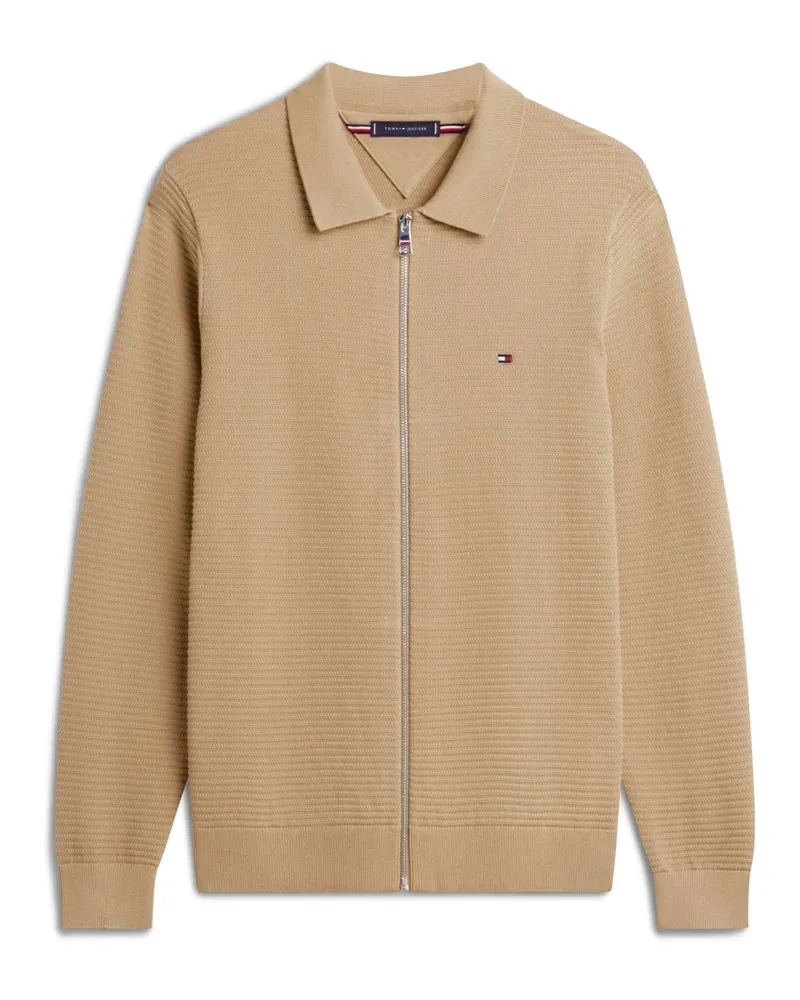 Tommy Hilfiger Strickjacke aus Baumwolle mit Struktur und Logo-Fähnchen in Beige