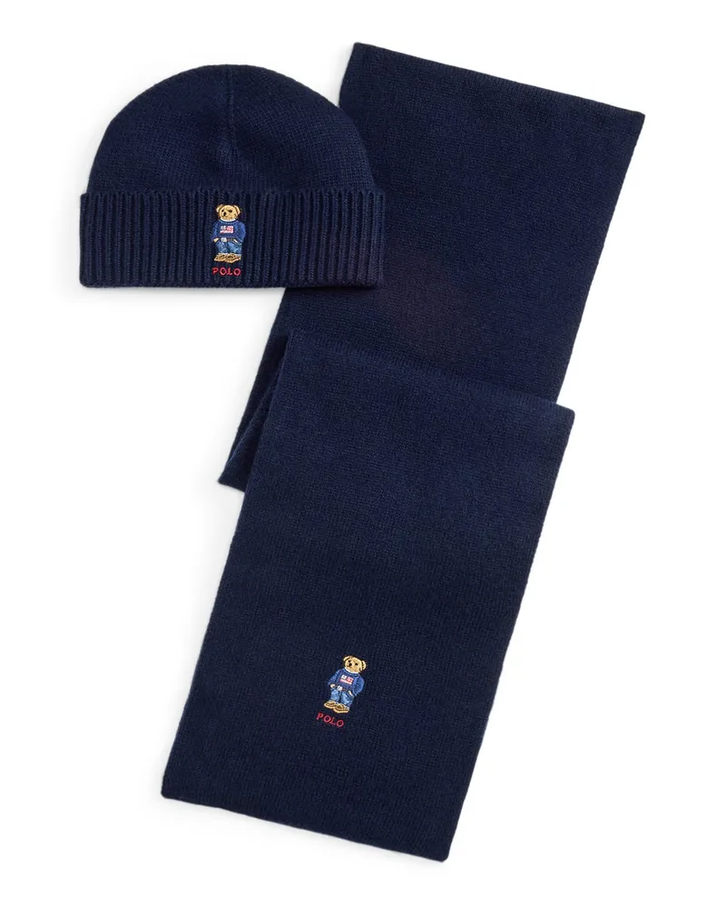 Ralph Lauren Set aus Mütze und Schal mit Polo-Bear-Aufnäher in Marine