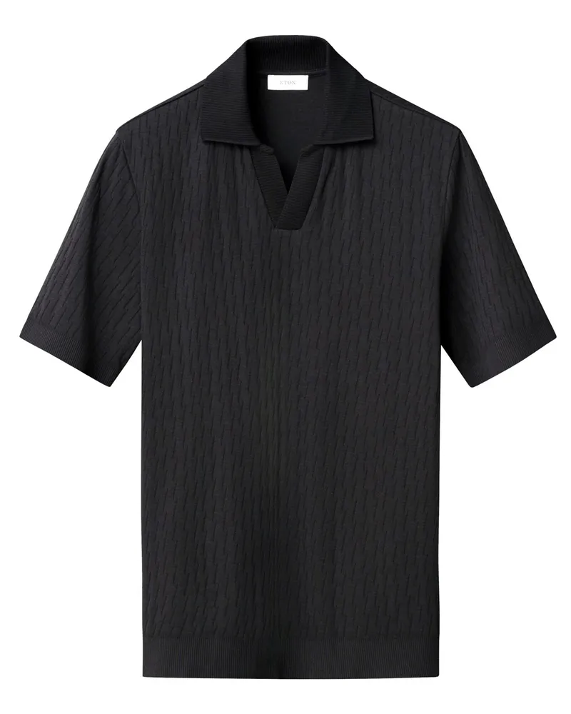 Eton Poloshirt aus einem soften Baumwollstrick mit Variokragen in Schwarz