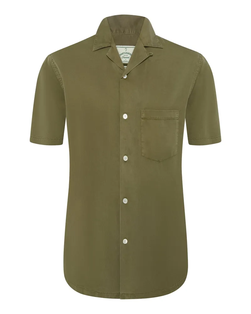 Portuguese Flannel Unifarbenes Kurzarmhemd aus Tencel mit Resort-Kragen, Regular in Oliv