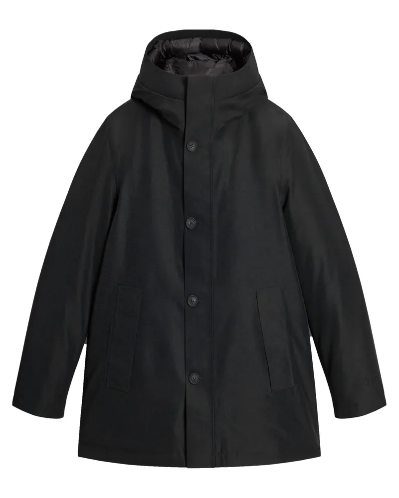 Woolrich Daunenparka mit recycelter zweilagiger GORE-TEX-Membran und Kapuze in Schwarz