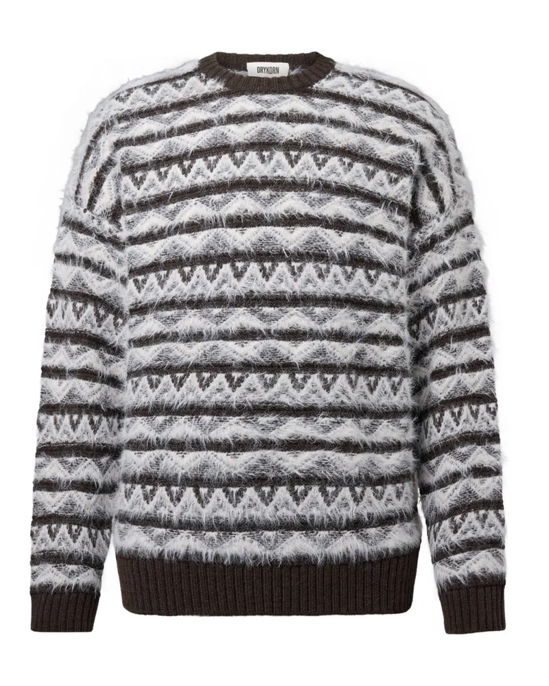 Drykorn Rundhalspullover Neelio in haarigem Jacquard-Strick, Relaxed Fit in Dunkelbraun