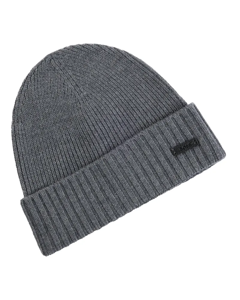 HUGO BOSS Strickmütze aus Schurwolle im Rippstrick mit Leder-Patch in Mittelgrau