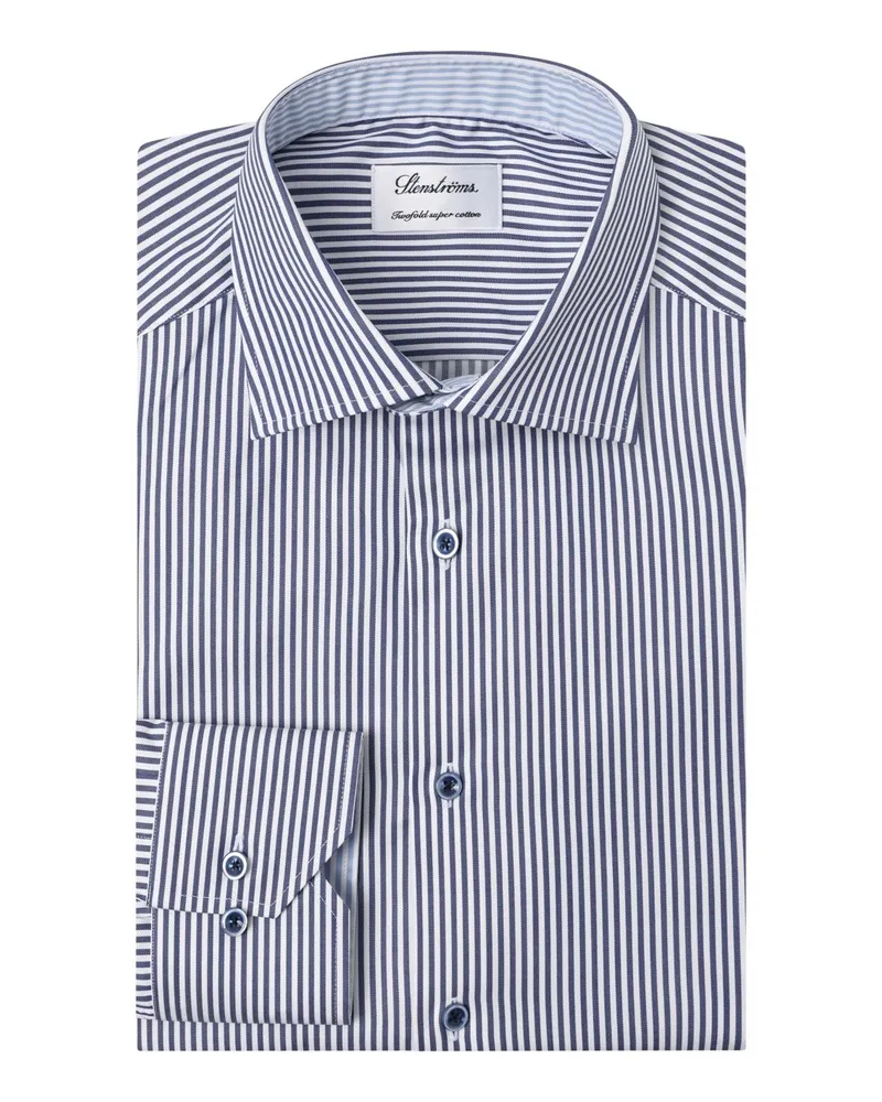 Stenströms Streifenhemd aus Twofold Super Cotton mit Kentkragen, Slimline in Marine