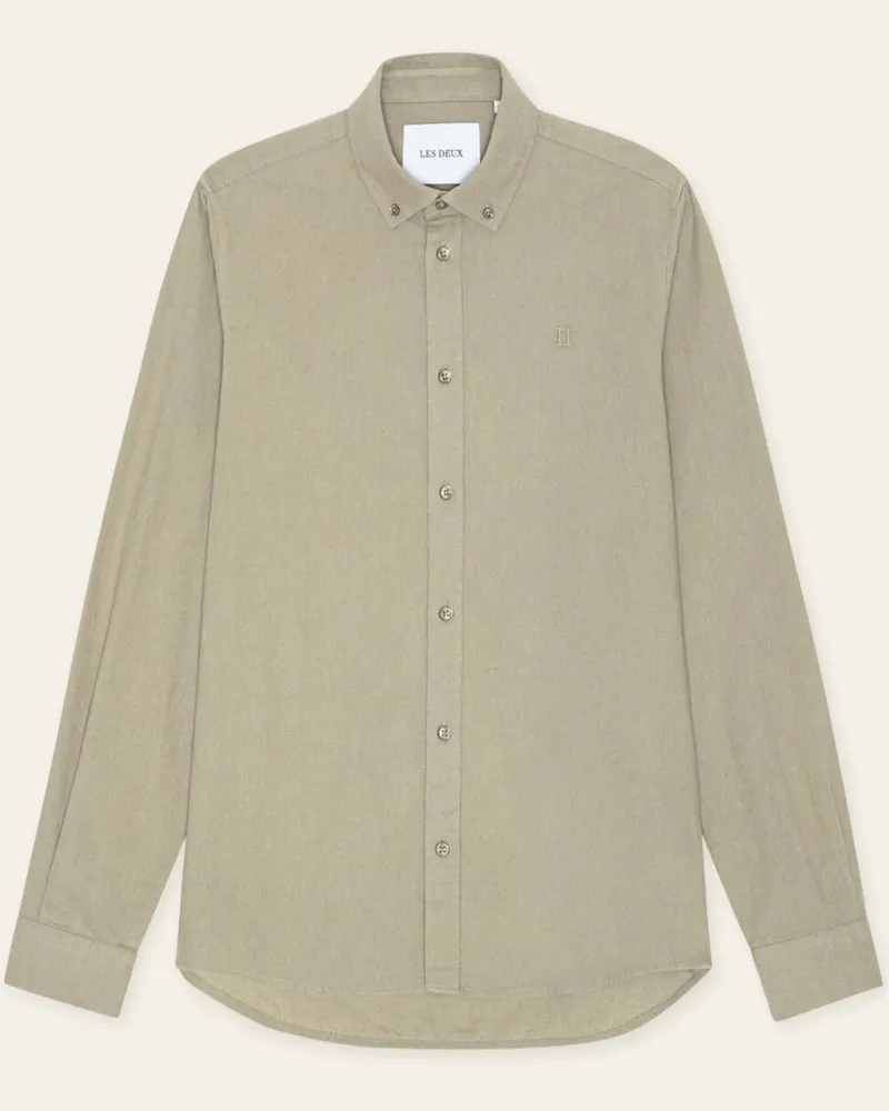 LES DEUX Oxfordhemd aus Baumwolle und Leinen mit Logo-Stickerei, Regular Fit in Khaki