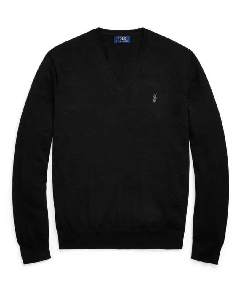 Ralph Lauren Leichter Pullover aus waschbarer Merinowolle mit V-Ausschnitt in Schwarz