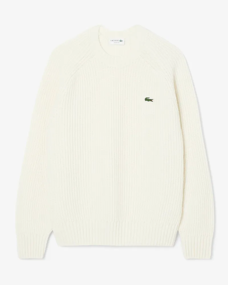 Lacoste Pullover aus geripptem Wollstrick mit Logo-Aufnäher, Classic Fit in Offwhite