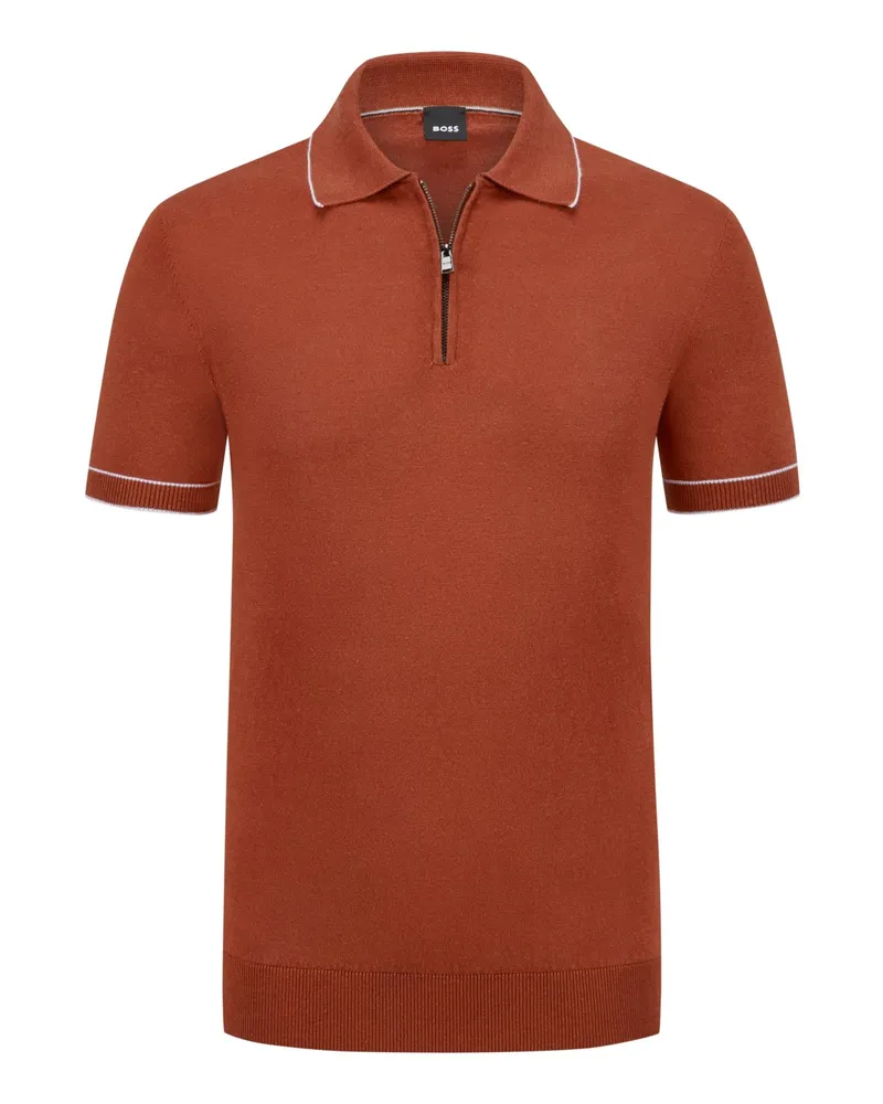 HUGO BOSS Leichtes Strick-Poloshirt mit Zip und Leinenanteil in Rostrot