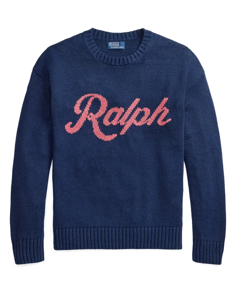 Ralph Lauren Strick-Pullover aus Leinen und Baumwolle mit Schriftzug, Relaxed Fit in Marine
