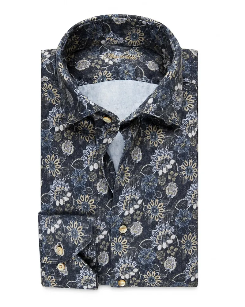 Stenströms Flanellhemd mit floralem Print, Slimline in Blau