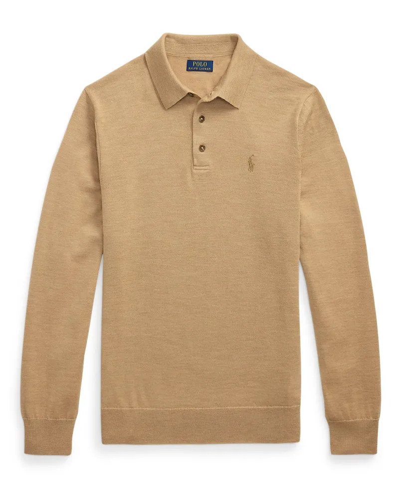 Ralph Lauren Meliertes Langarm Strick-Poloshirt aus Wolle in Beige