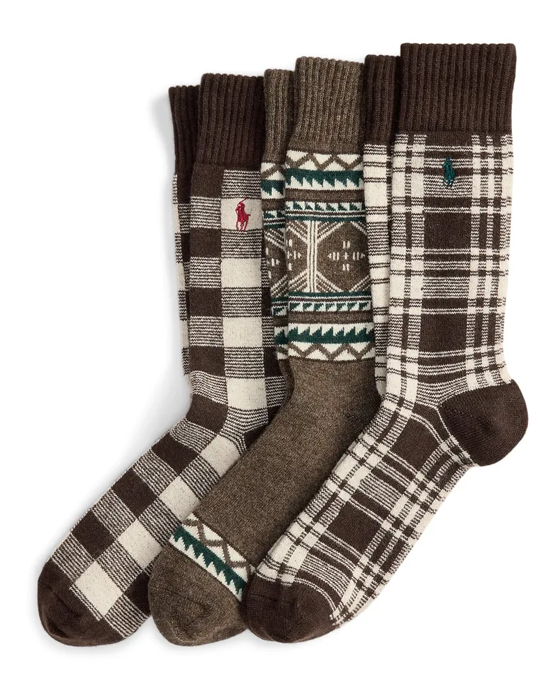 Ralph Lauren 3er Pack Geschenkbox: Gemusterte Socken aus einem Wollmix in Braun
