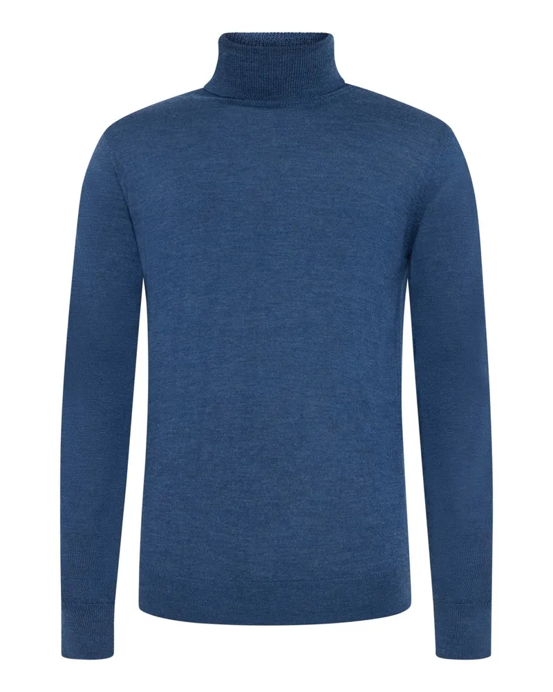 Tom Rusborg Glattstrick-Rollkragenpullover aus maschinenwaschbarer Merinowolle in Mittelblau