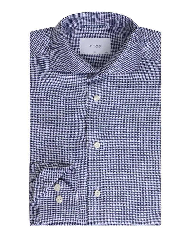 Eton Signature Twill-Hemd mit Haifischkragen und Hahnentrittmuster, Slim Fit in Marine