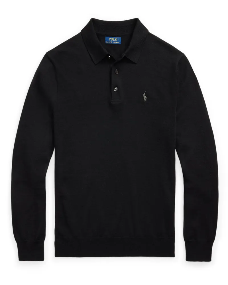 Ralph Lauren Langarm-Poloshirt aus waschbarer Merinowolle in Schwarz
