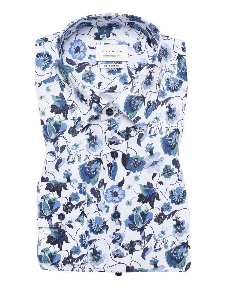 Eterna Bügelfreies Baumwollhemd mit floralem Print, Slim Fit in Weiß