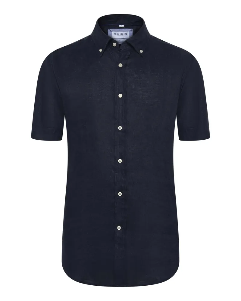 Tom Rusborg Unifarbenes Leinen-Kurzarmhemd mit Button Down-Kragen, Regular in Marine