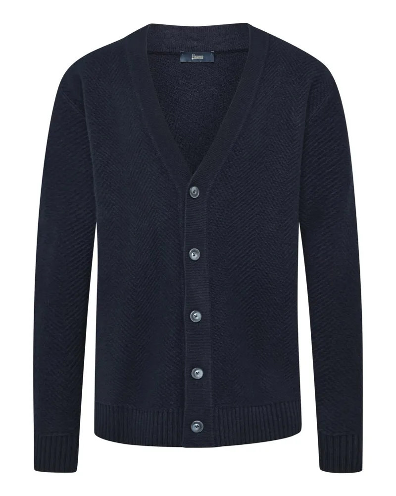 Herno Softer Cardigan aus Merinowolle mit Fischgrätwebmuster, Regular in Marine