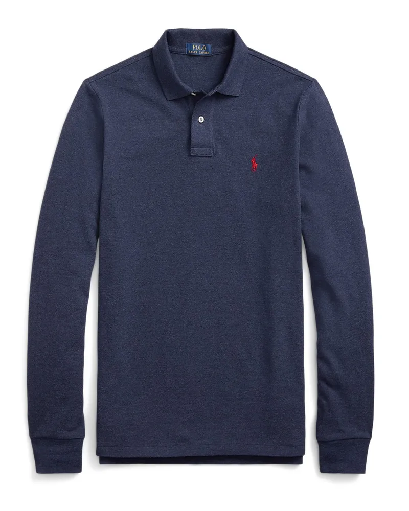Ralph Lauren Langarm-Poloshirt mit kleiner Poloreiter-Stickerei, Custom Slim Fit in Marine