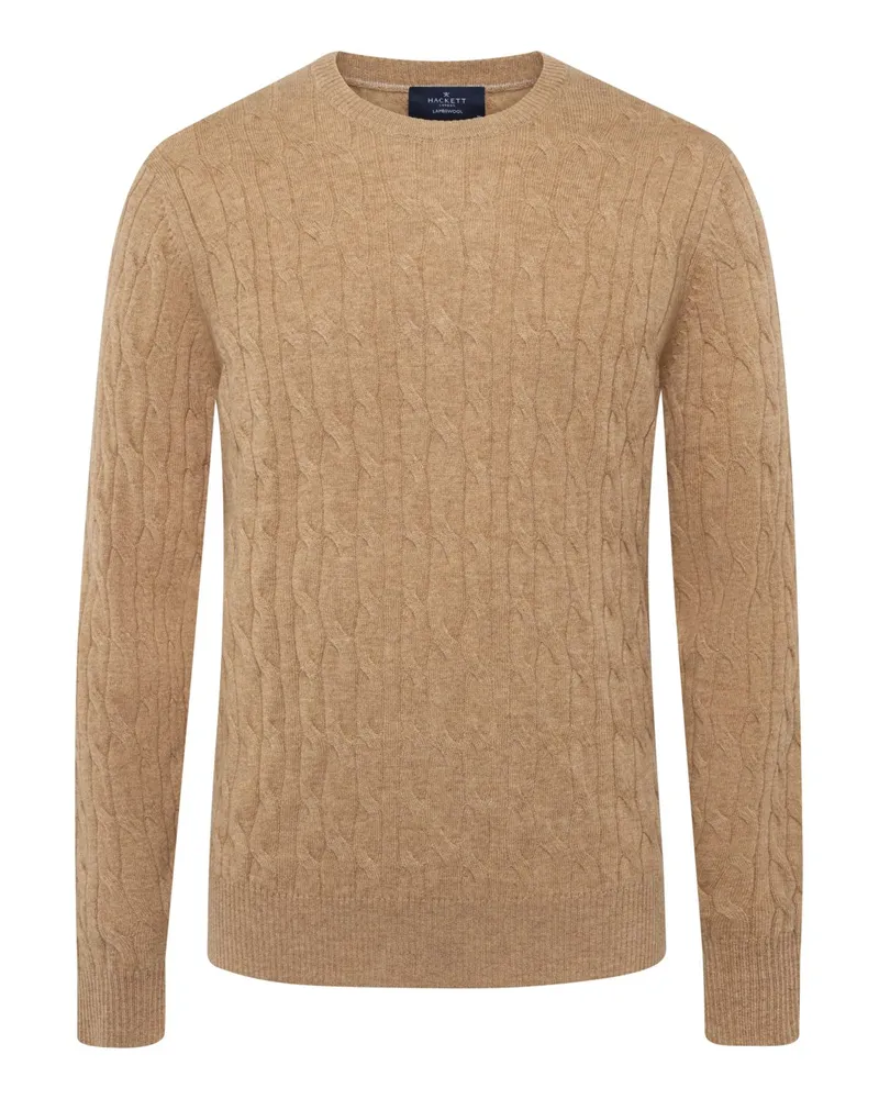 Hackett Softer Rundhalspullover in Zopfstrick aus Lammwolle, Regular in Hellbraun