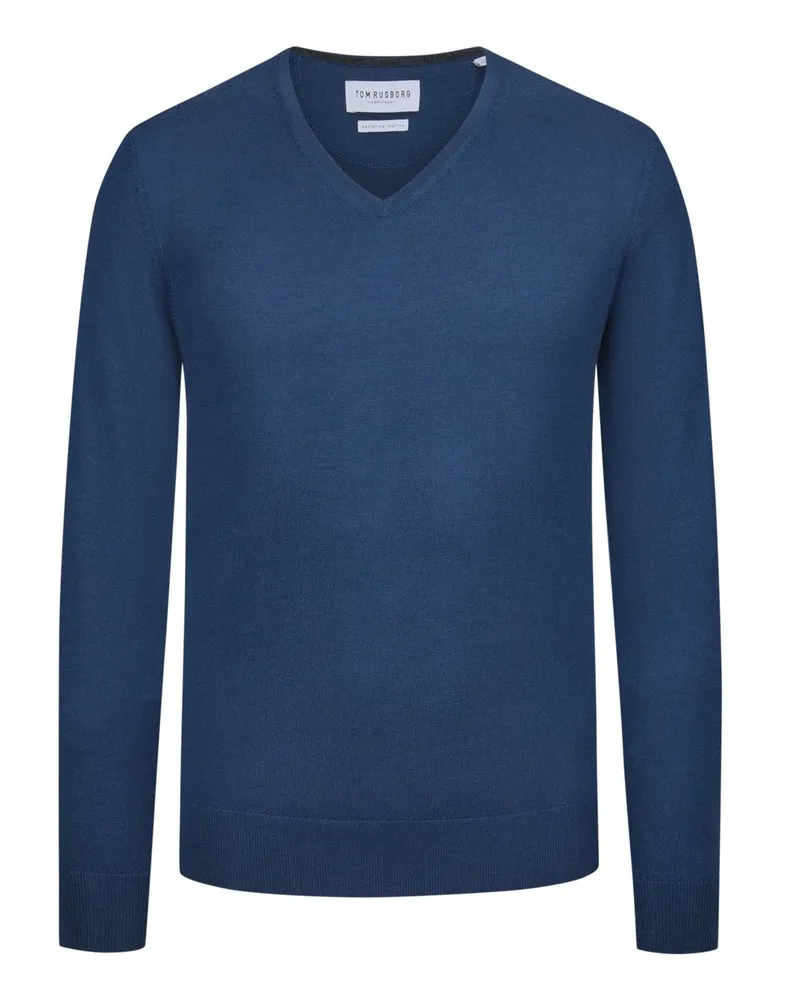 Tom Rusborg Leichter Pullover mit V-Ausschnitt aus maschinenwaschbarer Merinowolle in Mittelblau