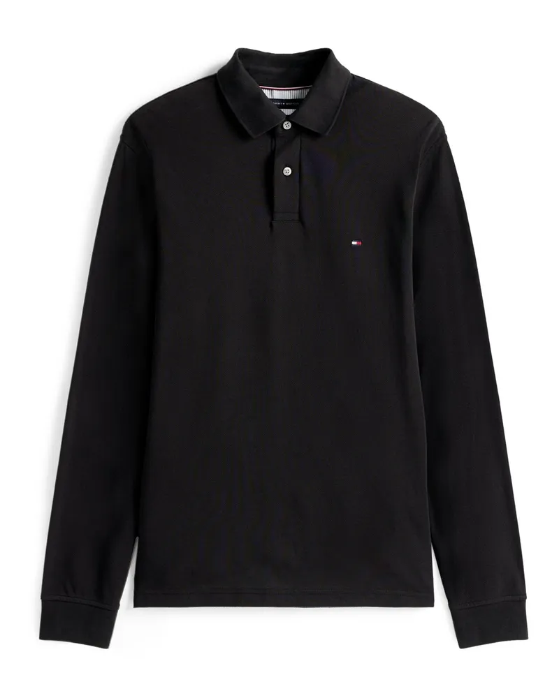 Tommy Hilfiger Langarm-Poloshirt aus Baumwoll-Piqué, Regular Fit in Schwarz