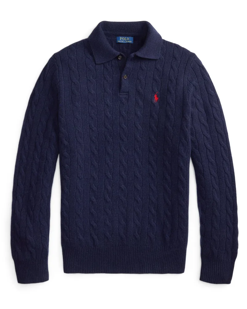 Ralph Lauren Langarm Strick-Poloshirt mit Kaschmir und Zopfmuster in Marine