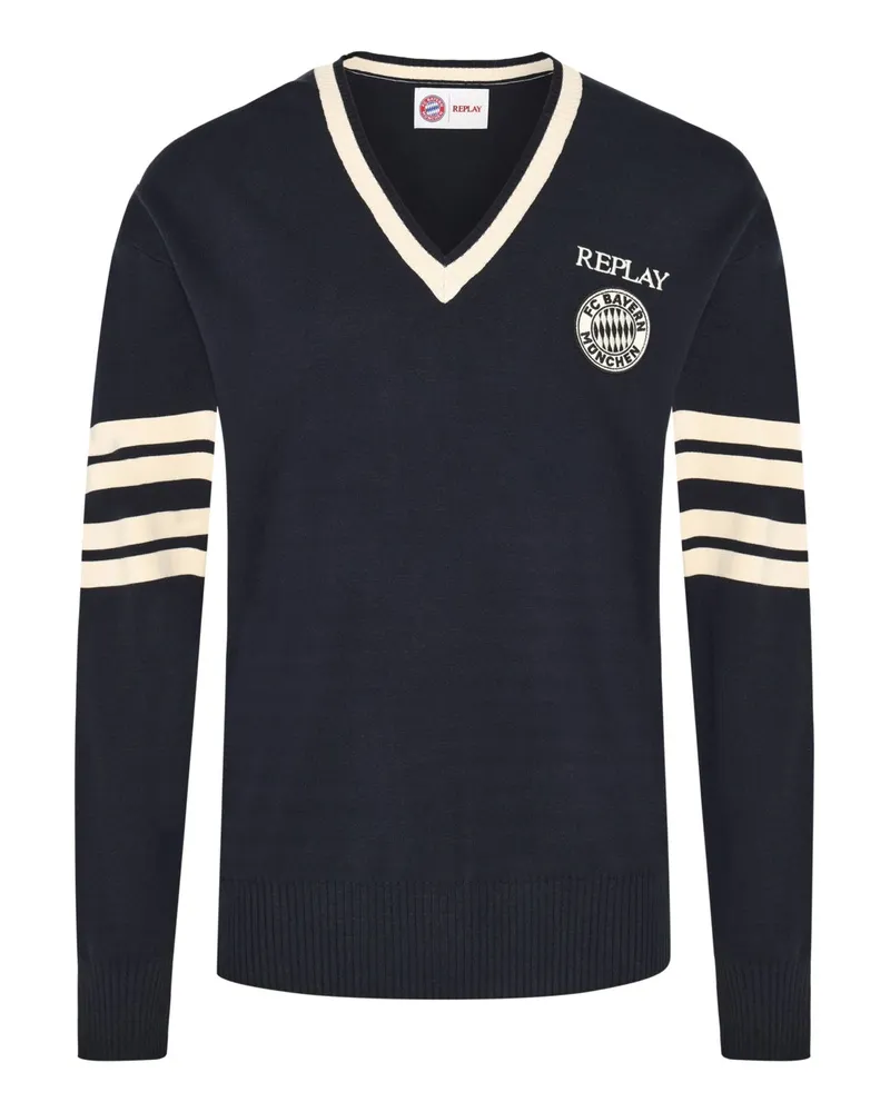 Replay Replay x FC Bayern Pullover mit V-Ausschnitt und Streifenakzenten in Schwarzblau