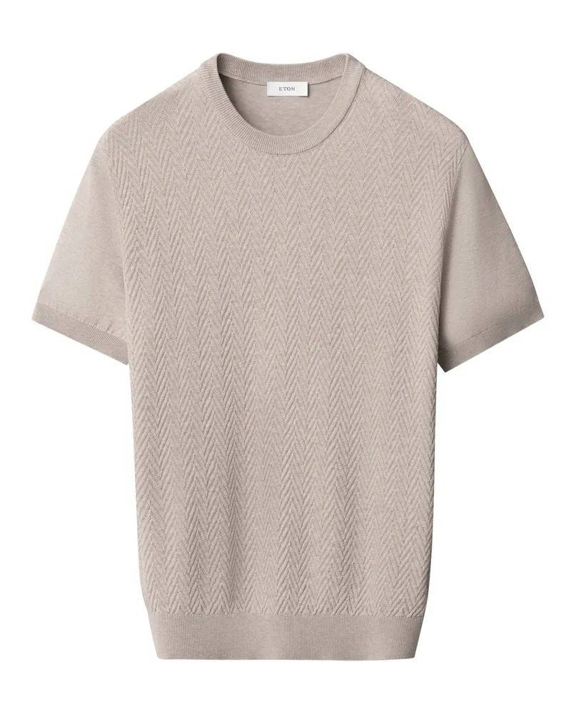 Eton Strick-T-Shirt aus Baumwolle mit frontseitigem Fischgrätmuster in Beige