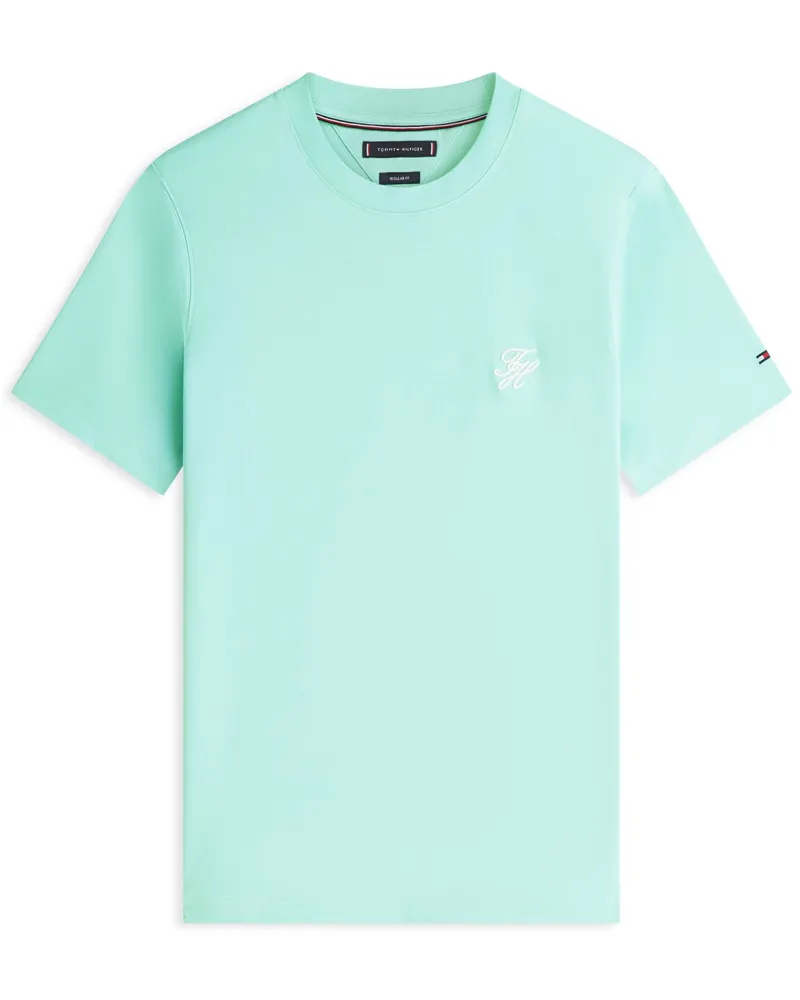 Tommy Hilfiger Glattes T-Shirt aus Baumwolle mit Monogramm-Stickerei, Regular Fit in Blau