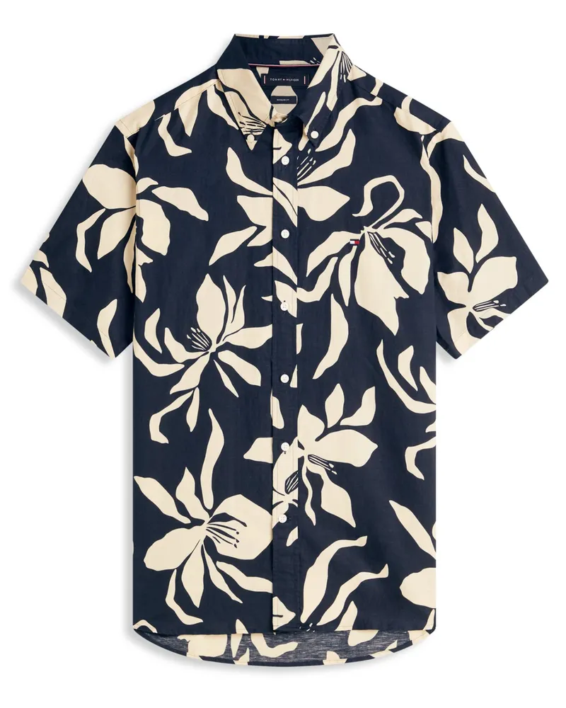 Tommy Hilfiger Kurzarmhemd aus Baumwolle und Leinen mit Print, Regular Fit in Marine