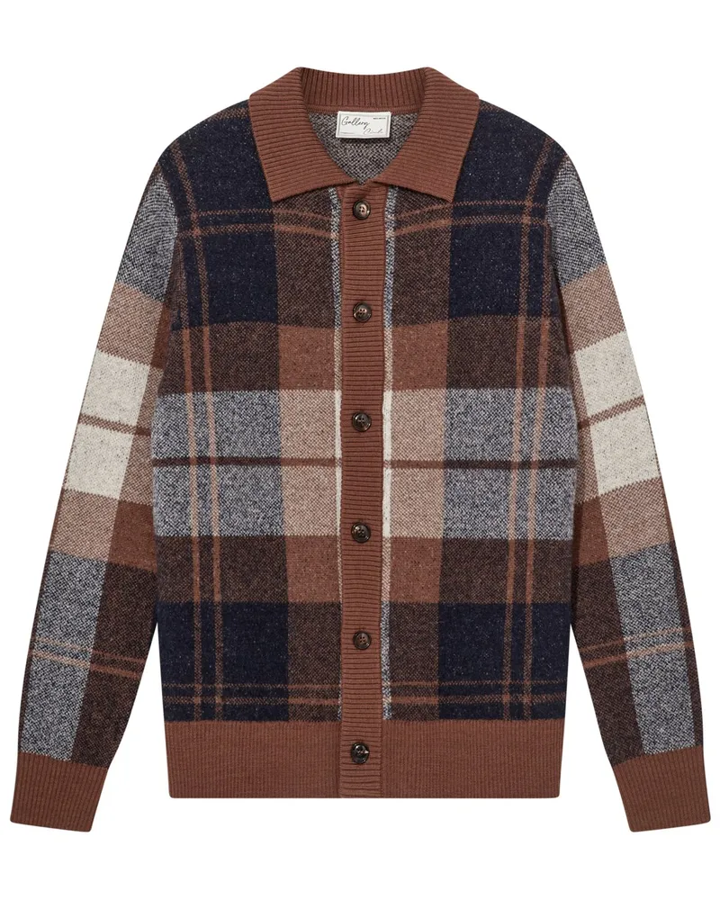 Mos Mosh Strickjacke aus einem Woll-Mix mit Check-Muster in Cognac