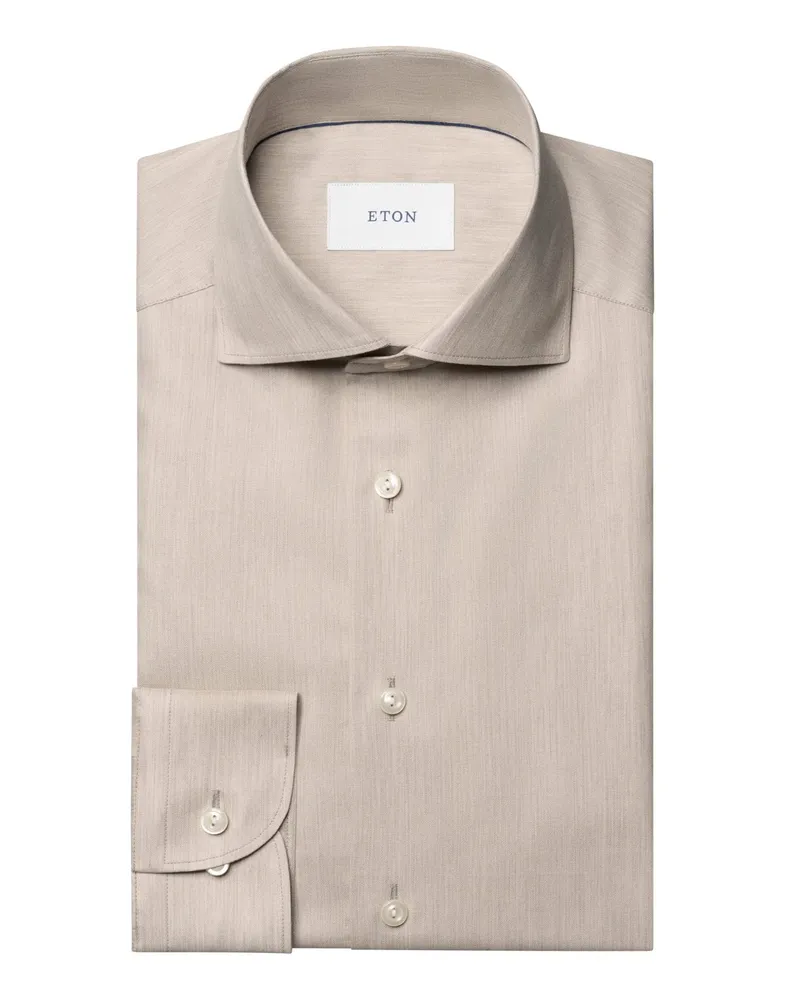 Eton Unifarbenes Signature Flanellhemd mit Haifischkragen, Contemporary in Beige