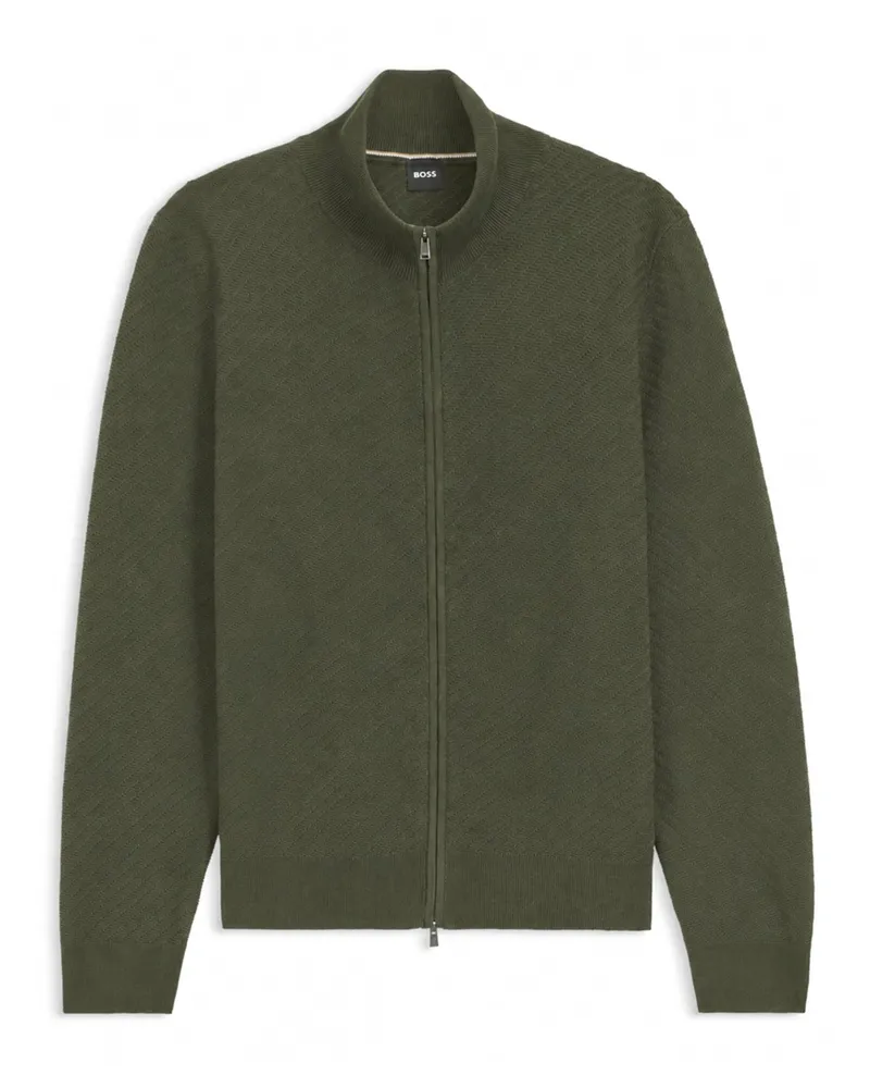 HUGO BOSS Leichte Strickjacke aus Baumwolle mit Fischgrätmuster in Oliv