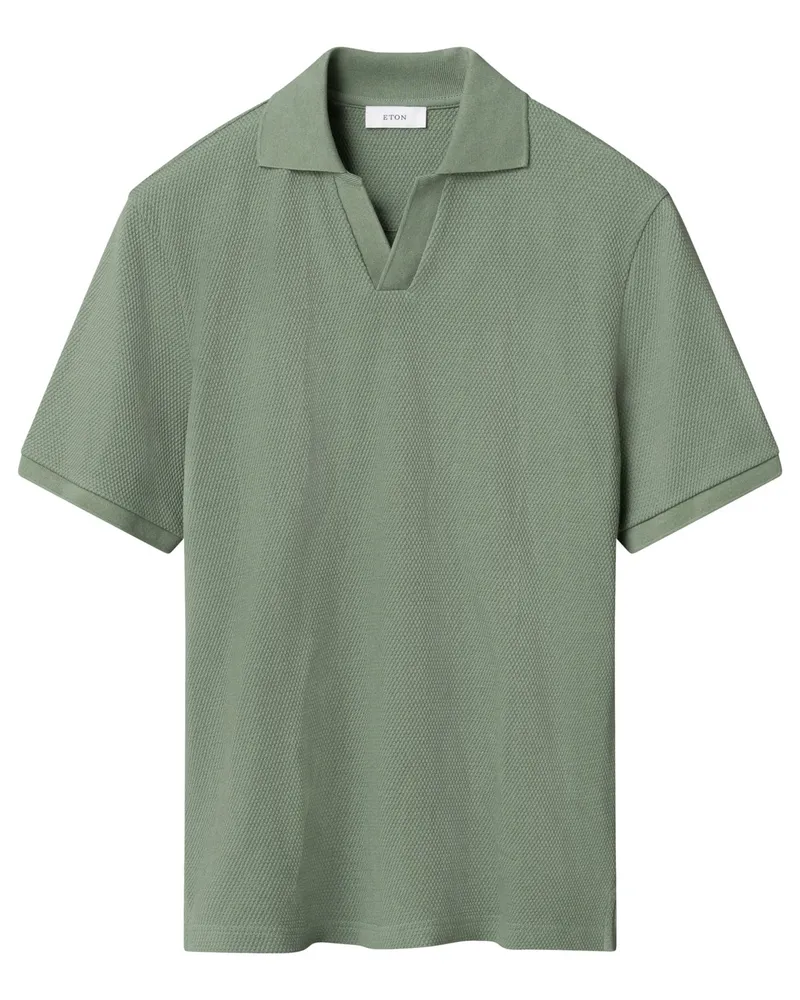 Eton Strick-Poloshirt mit Variokragen und Waffelstruktur in Salbei