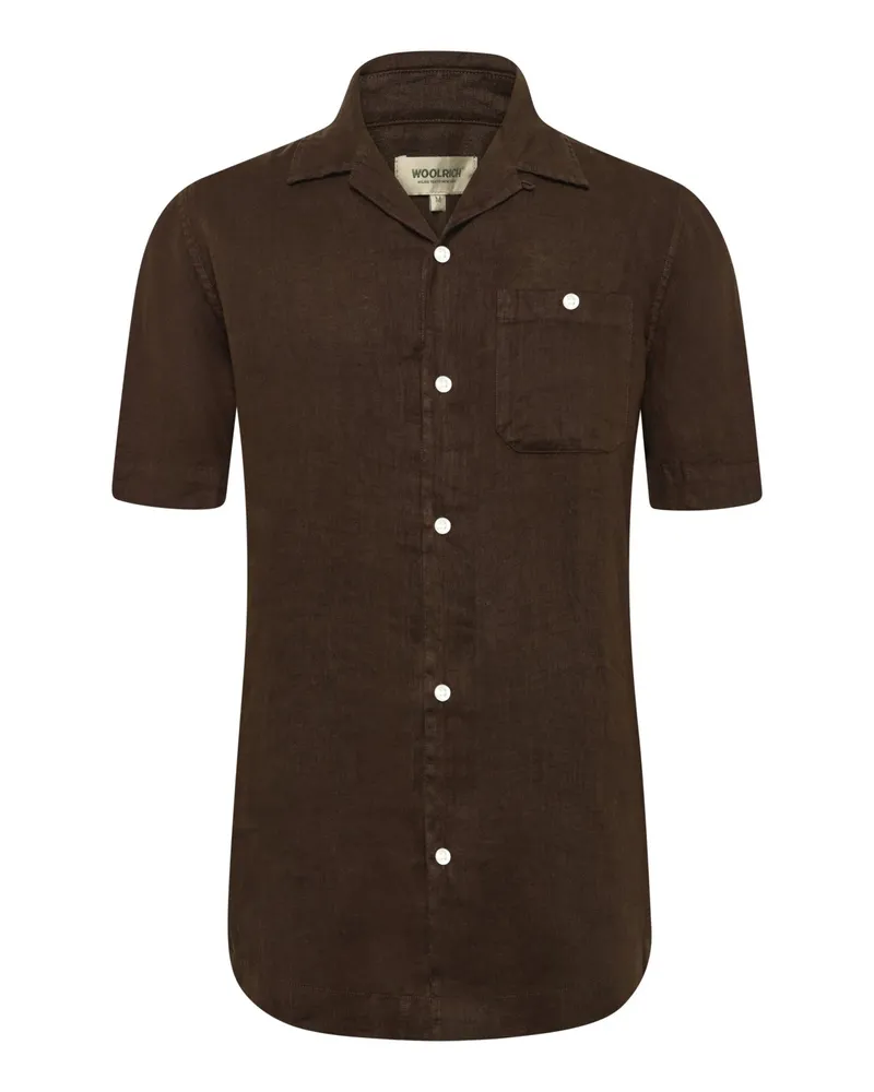 Woolrich Stückgefärbtes Kurzarmhemd aus Leinen mit Brusttasche, Regular in Dunkelbraun