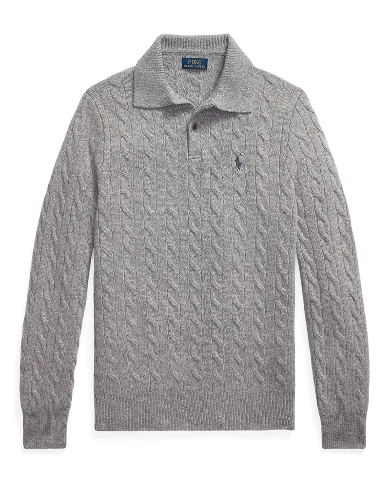 Ralph Lauren Langärmliges Strick-Poloshirt mit Zopfmuster und Kaschmiranteil in Grau