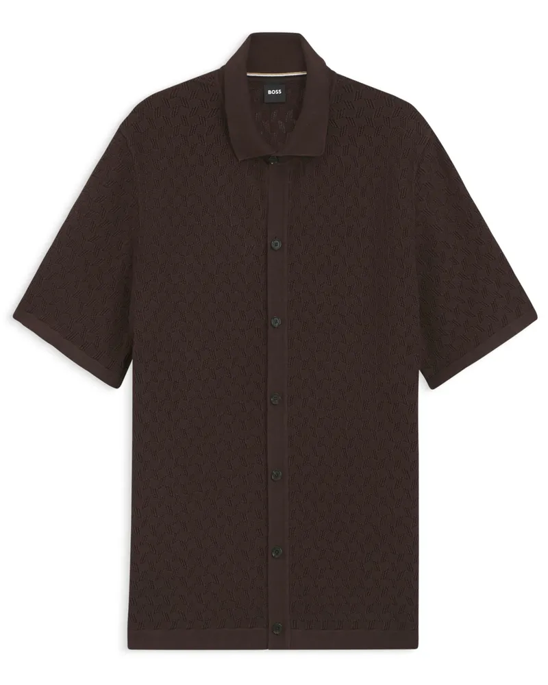 HUGO BOSS Kurzarm-Strickhemd aus Baumwolle in Dunkelbraun