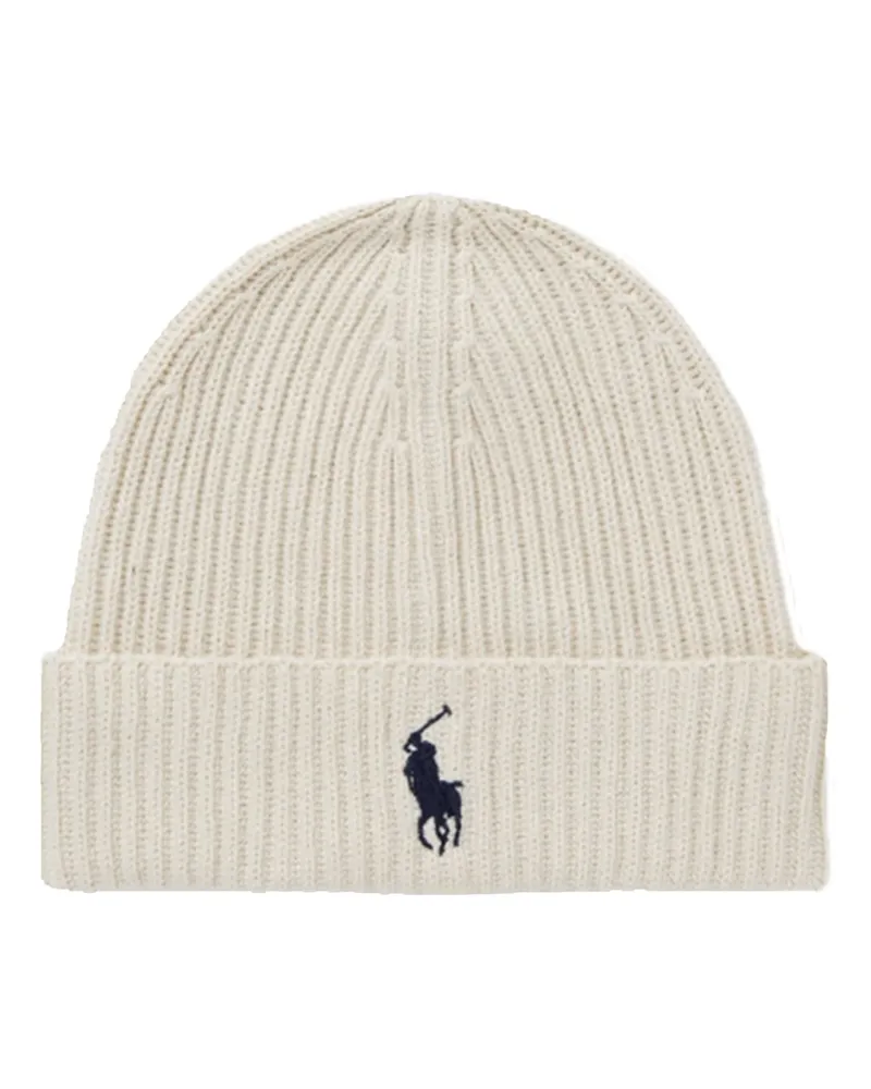 Ralph Lauren Strickmütze aus Baumwolle mit Logo-Aufnäher in Offwhite