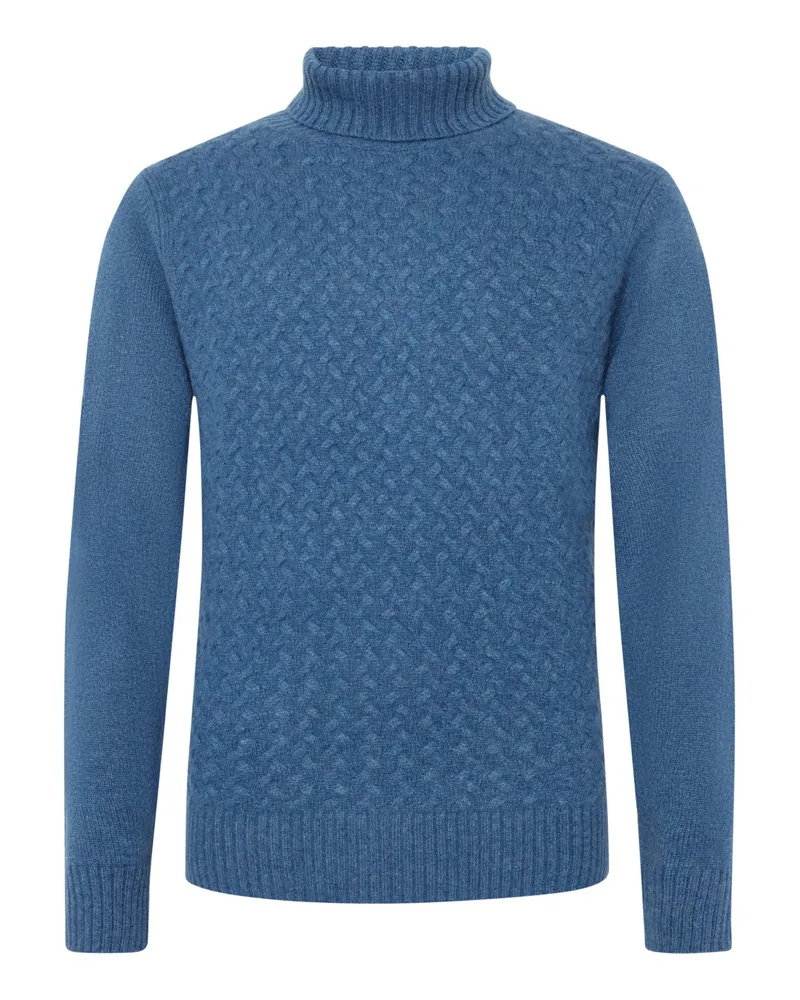 Tom Rusborg Rollkragenpullover aus Kaschmir mit frontseitigem Webmsuter in Blau