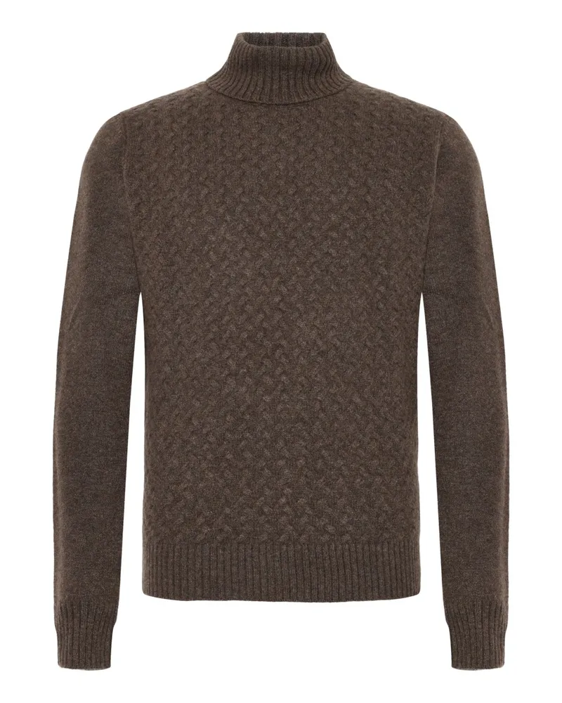 Tom Rusborg Rollkragenpullover aus Kaschmir mit frontseitigem Webmsuter in Braun
