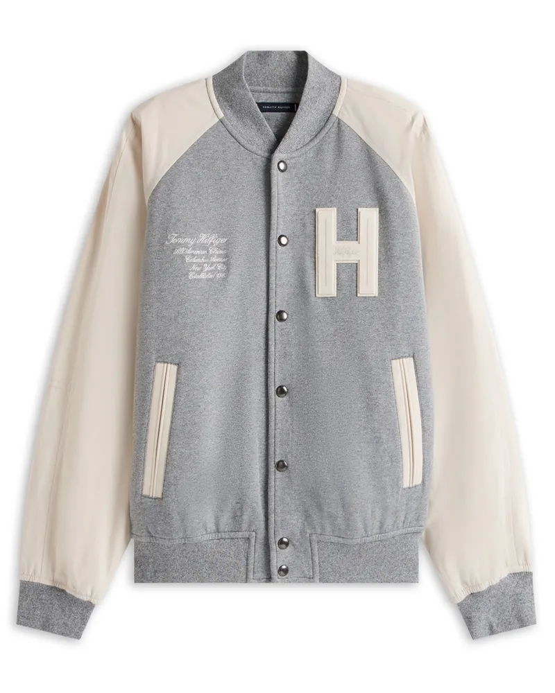 Tommy Hilfiger Jersey-Collegejacke mit Kontrastdetails und Aufnähern in Hellgrau
