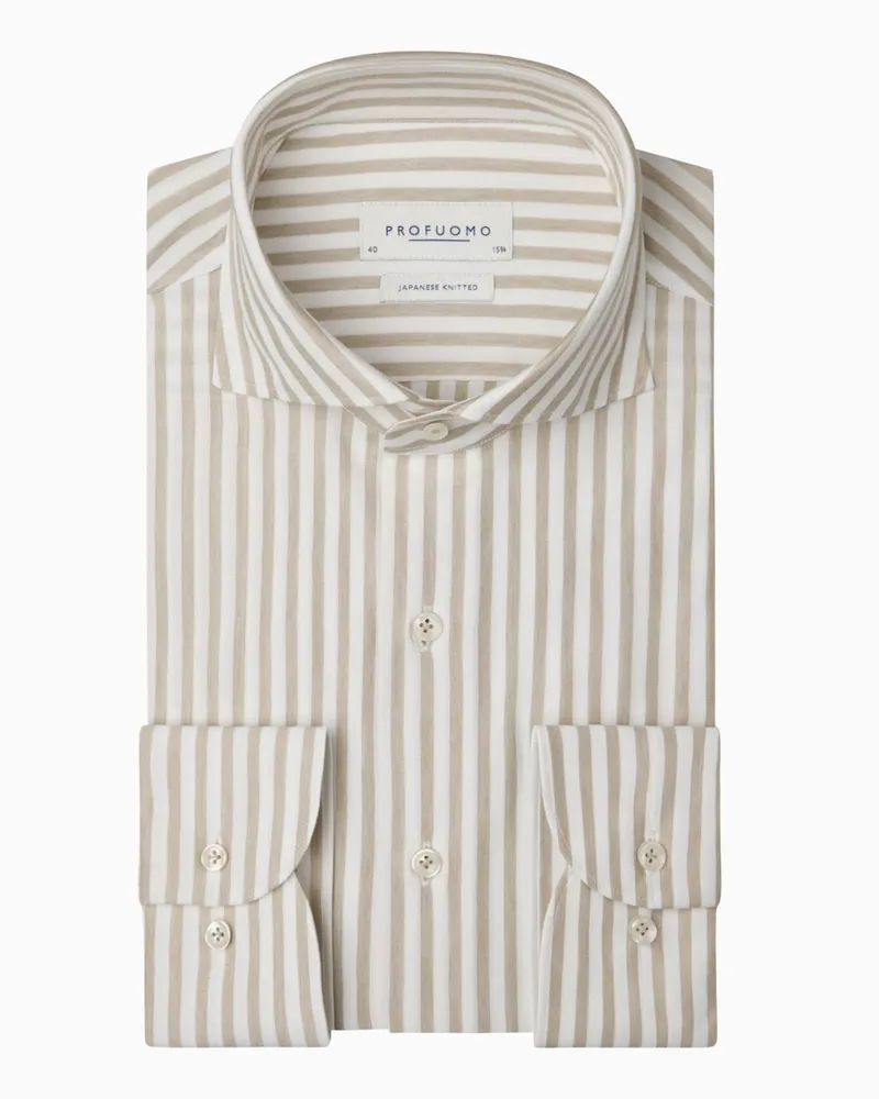 Profuomo Japanese Knitted Hemd mit Streifen und Haifischkragen, Slim Fit in Beige