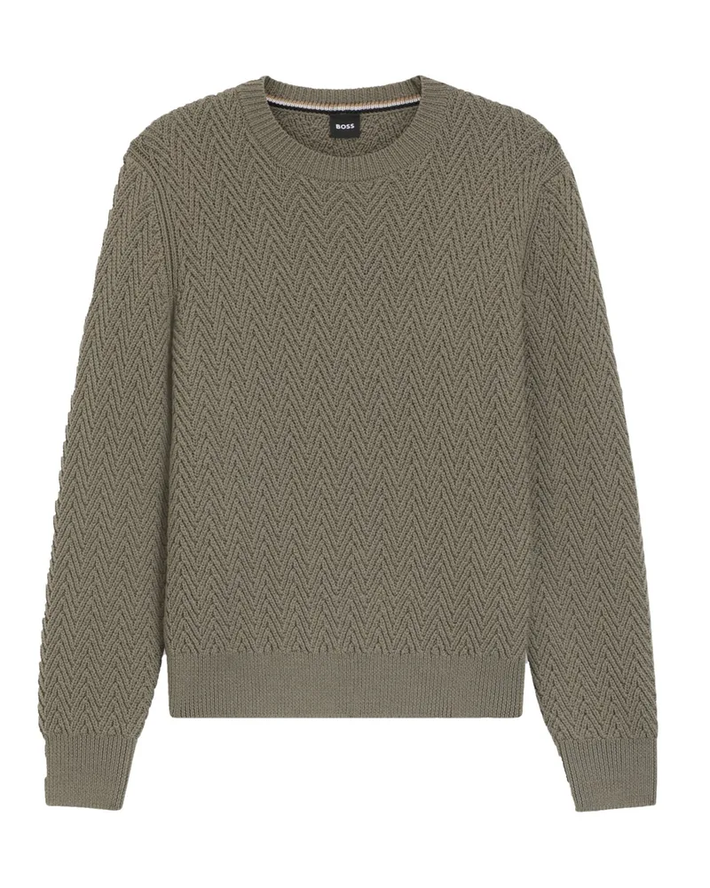 HUGO BOSS Softer Pullover mit O-Neck und Fischgrätstrickmuster in Khaki
