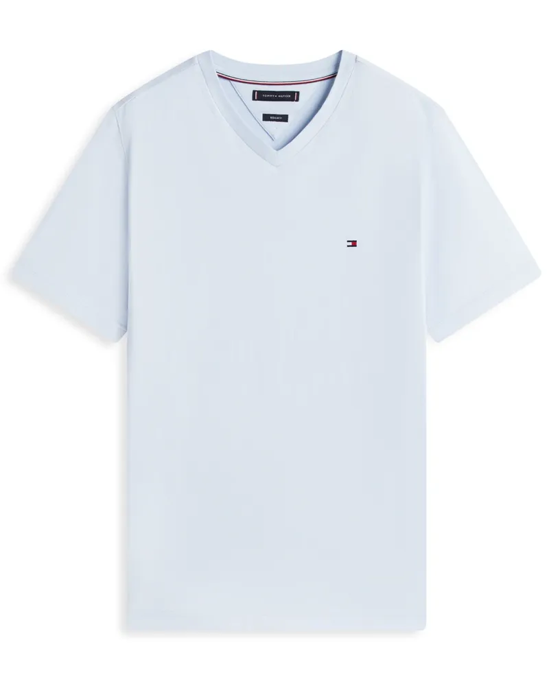 Tommy Hilfiger Softes T-Shirt mit V-Ausschnitt und kleiner Flag-Stickerei in Hellblau