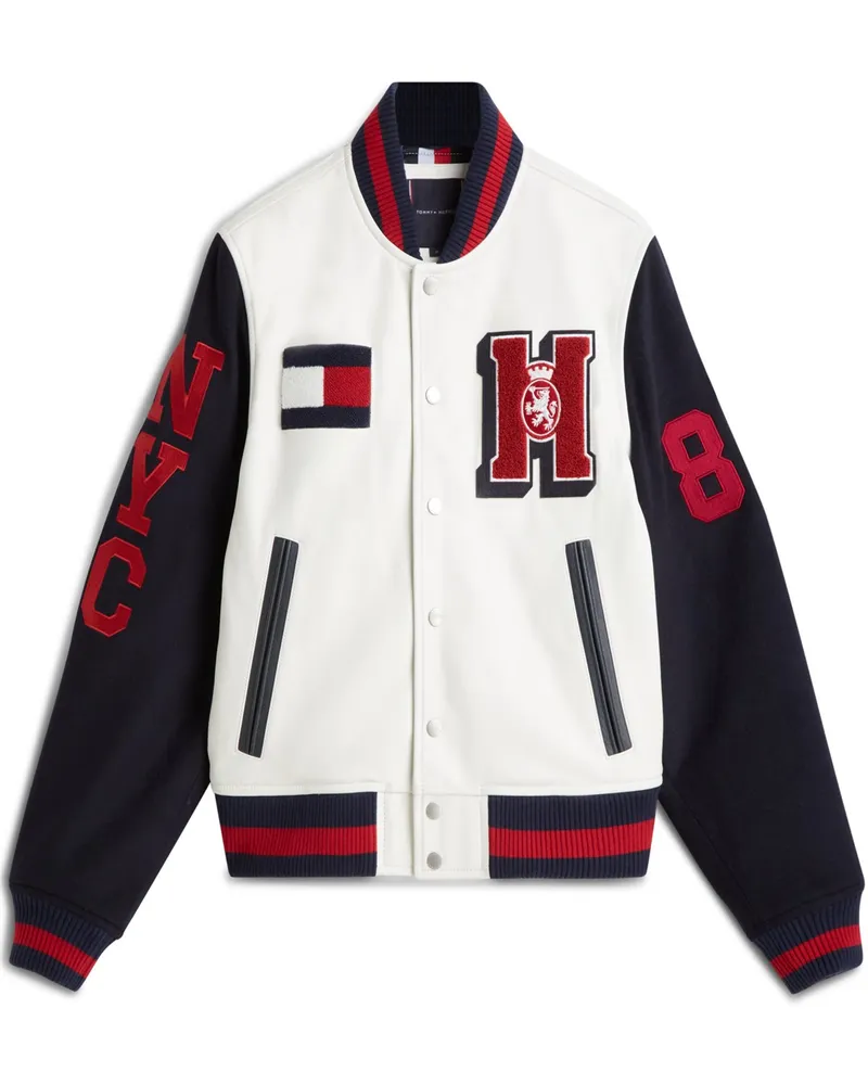 Tommy Hilfiger Wattierte College-Lederjacke mit Aufnähern und Wollärmeln in Offwhite