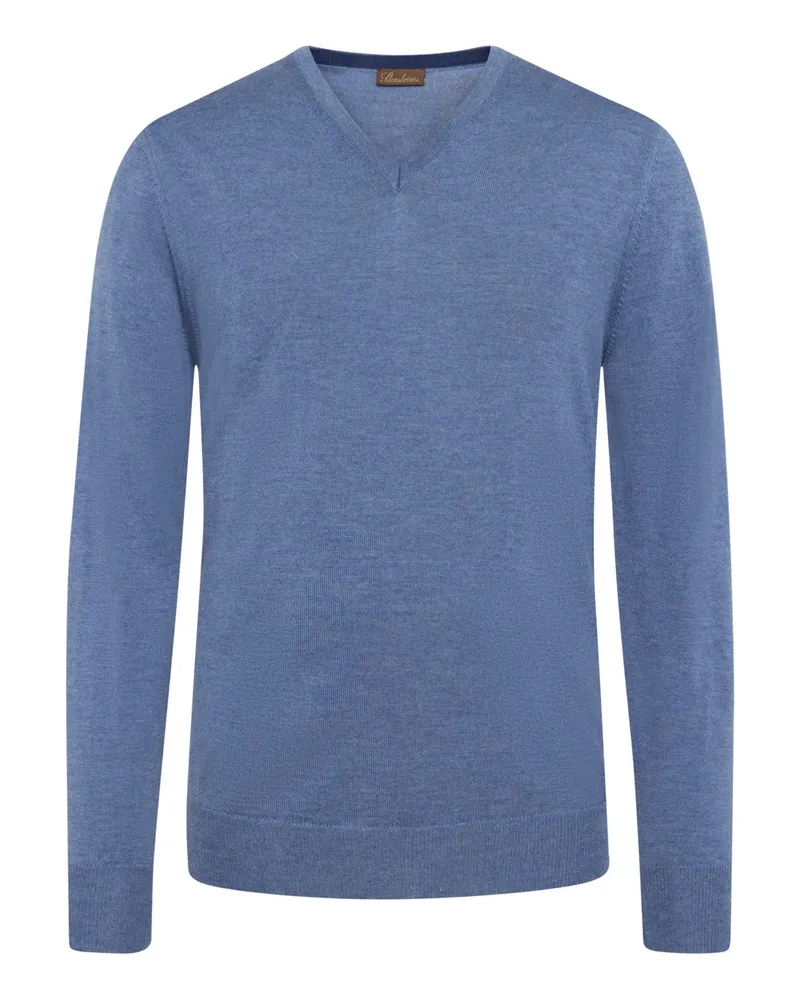 Stenströms Pullover mit V-Ausschnitt aus Merinowolle mit Ellenbogenpatches in Hellblau